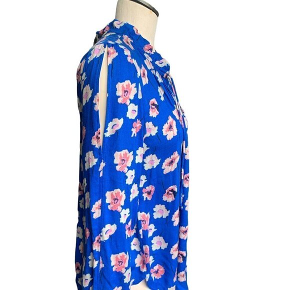 Lucky Brand Floral V-Neck/Tie-Neck Top Slit Shoulder Sz M Blue Pink 52G - Picture 9 of 12